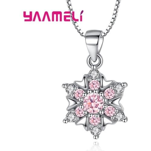 Cheap Sale 925 Sterling Silver Jewelry White/Pink Cubic Zircon Women Snowflake Holiday Gift Wedding Collar Pendant Necklace