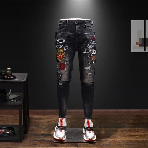 Men New Trend Ripped Embroidery Casual Slim Fit Jeans Pants