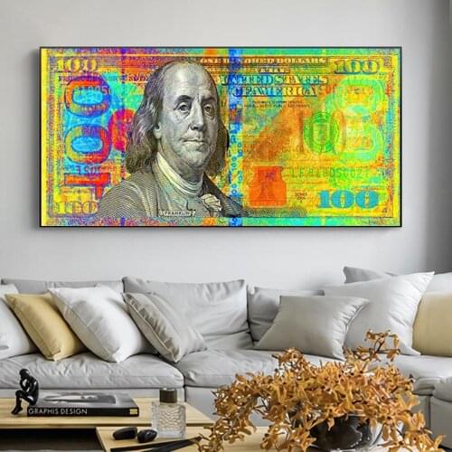 Graffiti Art of Money Canvas Art Posters and Prints Golden 100 Dollars Canvas Paintings Wall Art Pictures for Living Room Decor