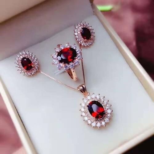 Natural garnet S925 Sterling Silver Ring Earrings Pendant Necklace Set fashionable and elegant for women