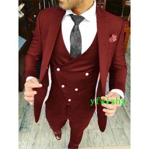 Handsome Groomsmen Peak Lapel Groom Tuxedos Wedding Dress Men Suits Blazer Prom Dinner (Jacket+Pants+Tie+Vest) A7110
