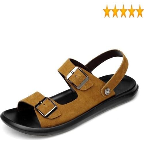 Summer Brand Shoes Leather New Slip On Casual Fashion Buckle Beach Sandals Men Slippers Yellow Black Plus Size 37-45
