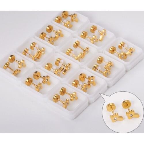 LUXUKISSKIDS 12Pairs/Lot 7mm Wholesale Earrings Cross Shape Gold Color Screw Stud Earring Stainless Steel Anti-allergy Earring