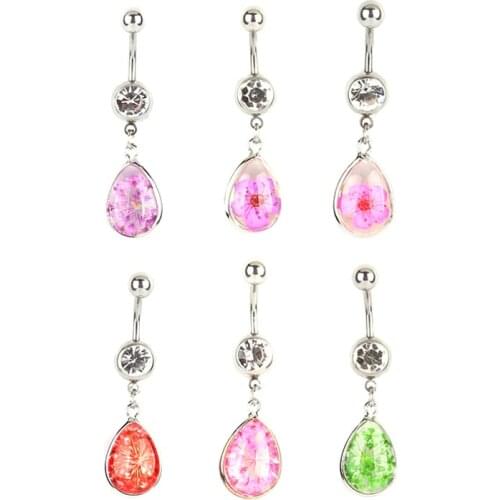 Love Heart Belly Button Rings Bar Surgical Sexy Body Jewelry For Women Crystal glass dried flower pendant Navel Piercing