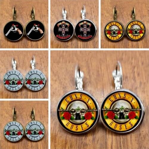 Fashion Gun Rose Earrings Art Picture Glass Dome BPGNR Logo Earrings Steampunk Music Band Earrings