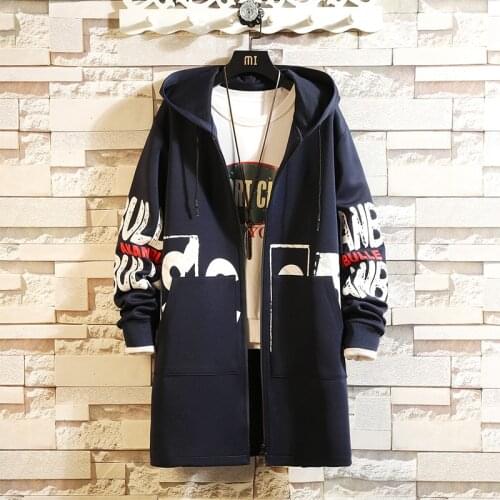Spring Autumn Long Style Mens Hooded Trenchs Jacket High Street Letter Printing Windbreaker Hip Hop Homme Outwear Trench Coat