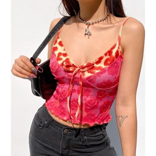 2021 Summer New Y2K Top Sexy Pink Print Stitching Deep V Bow Sling New Wave Edge Bottoming Vest Corset