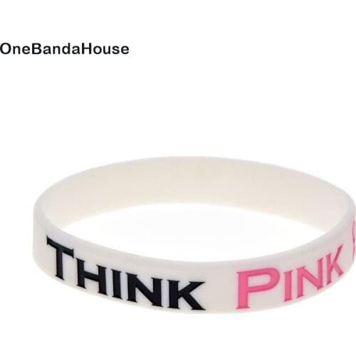 OBH 50PCS Breast Cancer Awareness Think Pink Silicone Bracelet Adult Size White