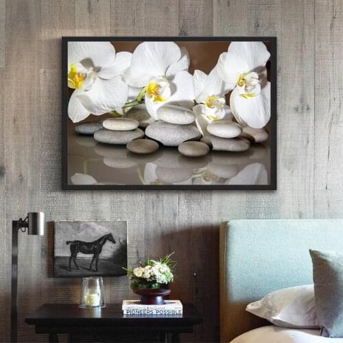 Phalaenopsis Flowers Posters and Prints Orchid and Zen Stone Wall Art Canvas Painting Yoka Room Pictures for Living Room Decor