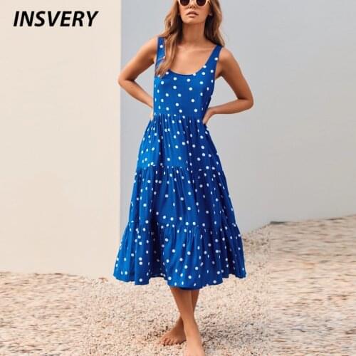 Polka Dot Boho Maxi Dresses Women High Waist O Neck Sleeveless Big Swing Summer Dress New 2021 Ladies Fashion Blue Beach Dress