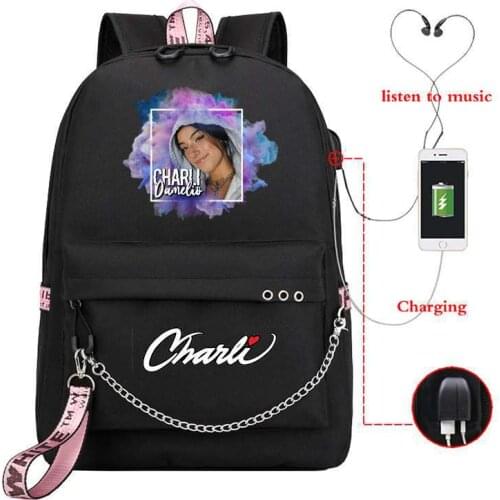 Mochilas Girls Charli Damelio Backpack USB charging Schoolbags USB Laptop Knapsack Women Travel Rucksacks Teens School Backpacks