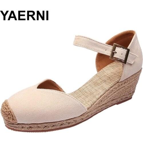 YAERNIPlus Size 34--43 Espadrilles Wedge Sandals Shoes For Women Summer Canvas High Heels Platform Rope Sandals Fisherman Shoes