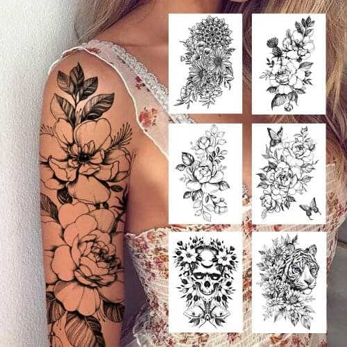 Sexy Peony Temporary Tattoo For Women Girl Black Skull Leopard Flower Tattoos Sticker Fake Butterfly Body Art Tatoos Half Sleeve
