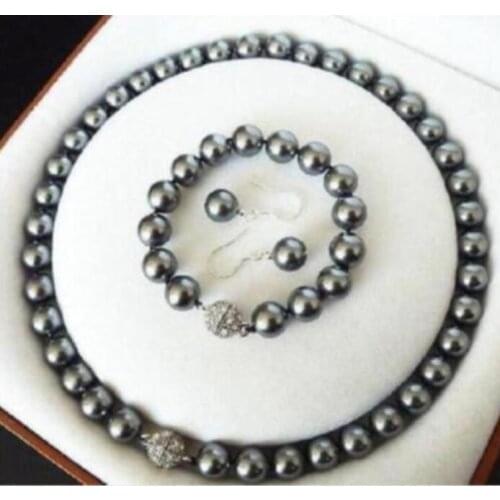 Dark grey shell pearl necklace 8mm bracelet earring set