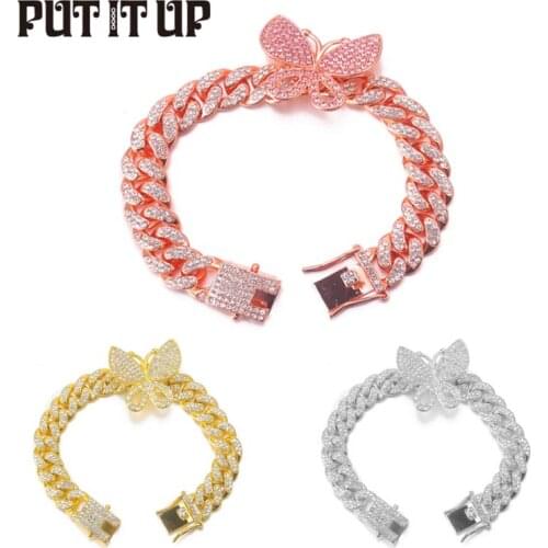 Hip Hop Butterfly Bracelet Mens Rap Bracelet Rose Gold Shiny Rhinestone Miami Butterfly Cuban Chain Mens Jewelry Birthday Gift