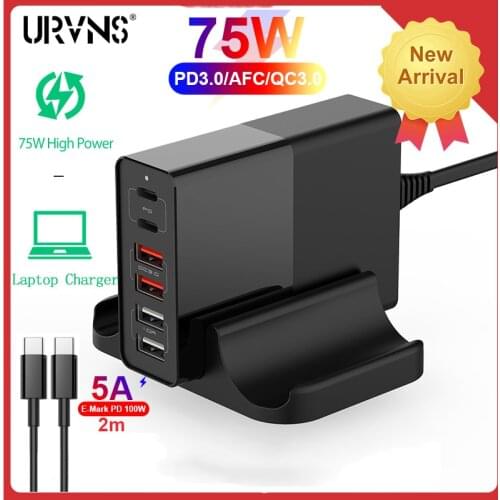 URVNS 75W PD 6-Port Desktop Adapter, 65W Power Delivery Type C & 4 USB A Ports Quick Charger for Lenovo, Dell XPS, iPhone 11 XS