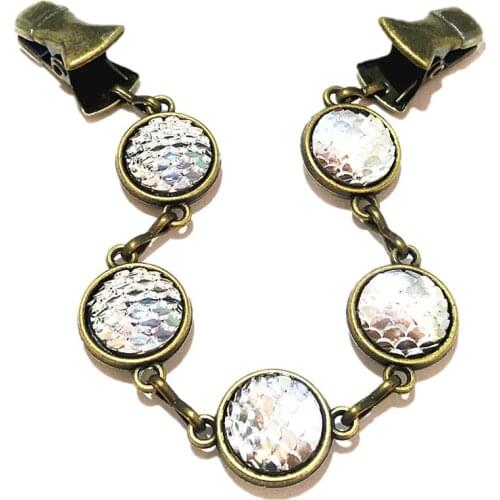 White Mermaid Scales Cardigan Clip Vintage Bronze Sweater Guard Clamps Bling Clasp Cinch Scarf Dress Brooch