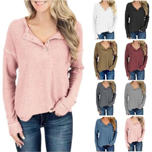 2021 Hot Sale Womens Autumn Casual Loose Cotton V-Neck Long Sleeve T-Shirts Tops Female Fashion Solid With Button New Clothing