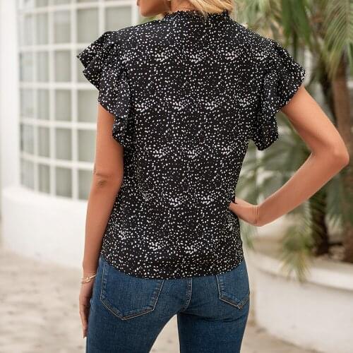 Solid Color Lotus Leaf Short Sleeve Polka Dot Printing Summer Women Shirt Casual Loose Half Open Collar Tops Ladies Blouses