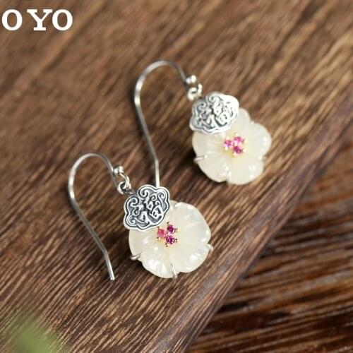 S925 sterling silver inlay and Tianyu white jade butterfly Fuqi ladies earrings free shipping