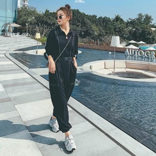 Black Jumpsuit with Belted Women Long Sleeve Streetwear Hip Hop Gothic Harem One Piece Cargo Pants Loose Overalls Rompers 8813