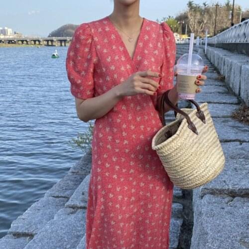 Women Floral Printed Long Dress Strap Short Sleeve 2021 Korean Fashion Lady Elegant Dresses Vestido Z840