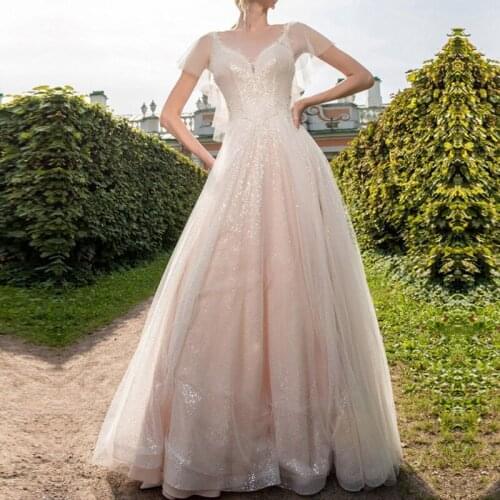 Pink O Neck Lace Princess Wedding Dress Short Sleeves Court Train Vintage A Line Backless Bridal Gowns For Bride Robe de Mariee