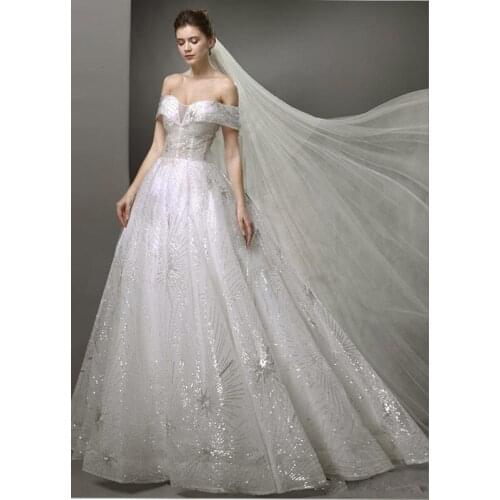 2019 Sparkly Sequined Off Shoulder A-line Wedding Dress Vintage Luxury Plus Size Arabia Dubai Bridal Gown