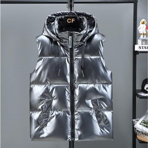 2021 Mens Autumn Winter Cotton-Padded Shiny Vest Removable Hat Hood Waistcoat Warm Sleeveless Winter Jacket Zipper Coat M-5XL