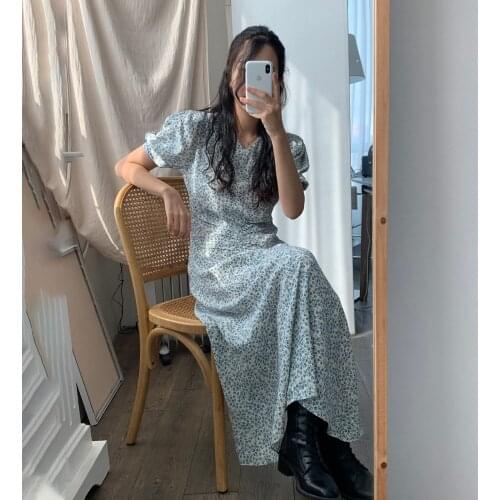 2021 New Women Summer Elegant Shirring Long Floral Dress V Neck A-line Maxi Pullover Dress Puff Sleeve