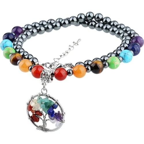 TUMBEELLUWA 7 Chakra Stone Hematite Beads Necklace with Rainbow Tree of Life Charm,Healing Balancing Reiki Yoga Jewelry