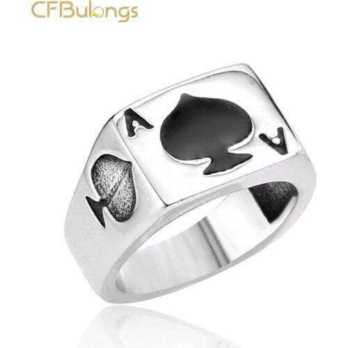 CFBulongs Lucky Spades Poker Solitaire Ring 316L Stainless Steel Hip Hop Men Jewelry Fashion Party Gift