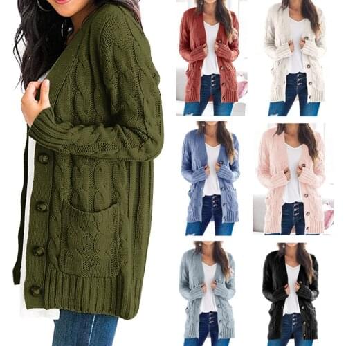 Autumn Winter Women Casual Knit Cardigan Sweater Solid Color V-Neck Button Closure Long Sleeve Coat Sweater with Two Pocket