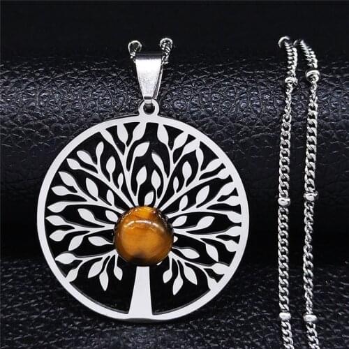 Tree of Life Natural Stone Stainless Steel Chain Necklace Silver Color Charm Necklace Jewelry collar acero inoxidable NXS04