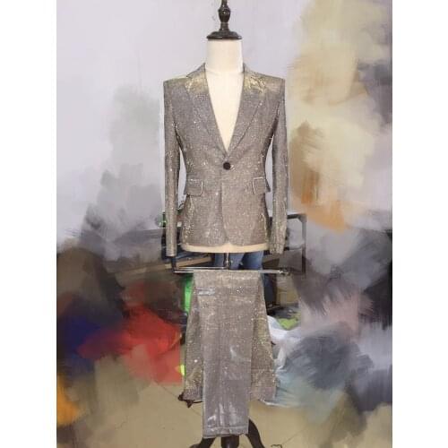 Nightclub Male DJ singer Iridescence Silver Gradient Flash Powder Suits Costumes Stage show dance performance wear