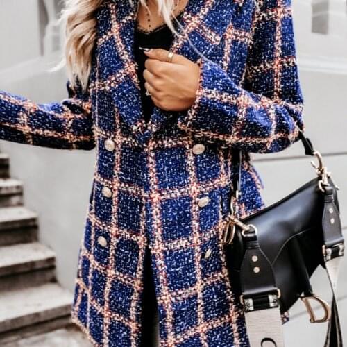 2021 Winter New Women Long Sleeve Double Breasted Slim Blazers Casual Fashion Vintage Plaid Suit Outwear Overcoat