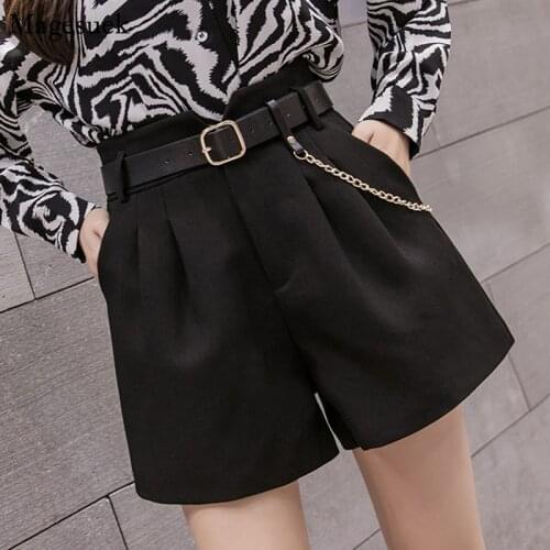 Autumn Winter Loose Casual Womens Shorts Wide Leg High Waist Shorts For Women Korean Sexy Black Women Shorts With Chain 11367
