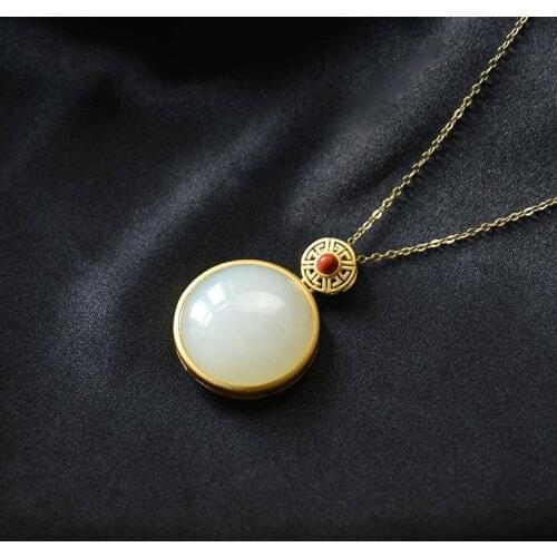 Natural Hetian jade white jade pendant 18K gold and silver round jade necklace birthday gift exquisite Necklace
