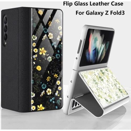 Phone Case For Samsung Galaxy Z Fold 3 5G Cover Plain Leather Tempered Glass Fold Stand New Ultra-thin Shockproof Fitted Fundas