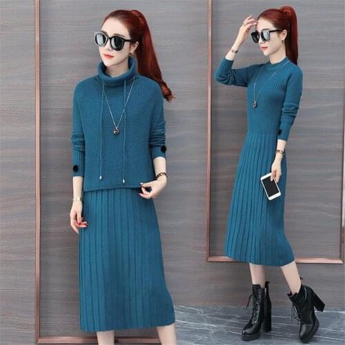 Knitting Women 2 Pieces Sets 2019 New Turtleneck Knitted Sweaters Vest + Long sleeve dress Suits