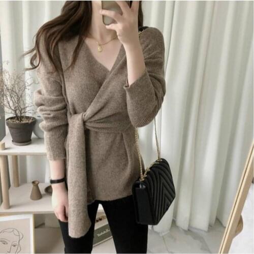 Women Autumn Sexy V Neck Pullover lacing Sweater Female Jumper Long Sleeve Knitted Tops Pull Femme Hiver Sueter Mujer