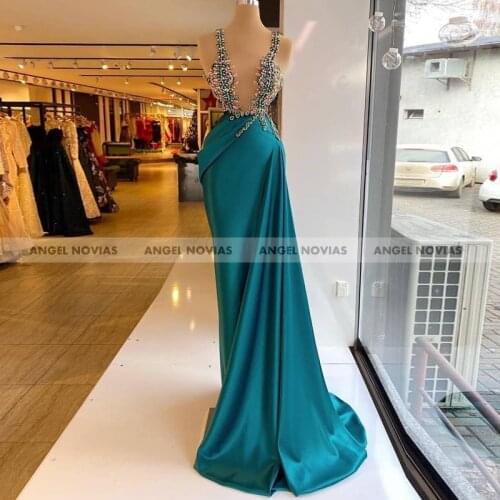 ANGEL NOVIAS Custom Made Women Long Mermaid Satin Arabic Evening Dress 2021 with Crystals Robes De Soiree Longue