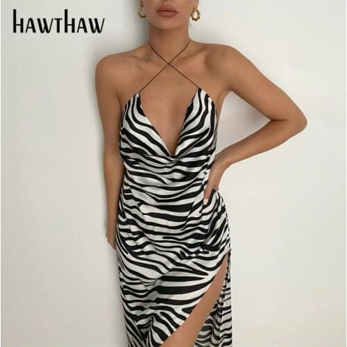 Hawthaw Women Summer V Neck Halter Zebra Striped Backless Beach Open Fork Long Dress Sundress 2021 Female Clothing Streetwear