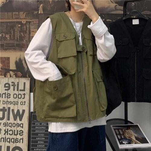 V-Neck Tooling Waistcoat Jacket For Women 2021 New Spring Autumn Outerwear Solid Color Big Pocket Female Casual Vest Coat aq167