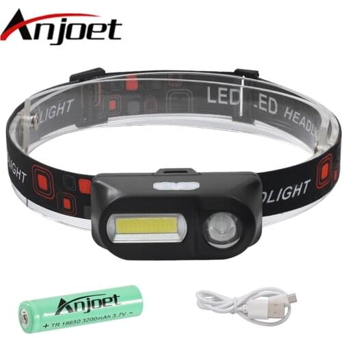 Anjoet Mini COB LED Headlight Headlamp Head Lamp Flashlight USB Rechargeable 18650 Torch Camping Hiking Night Fishing Light