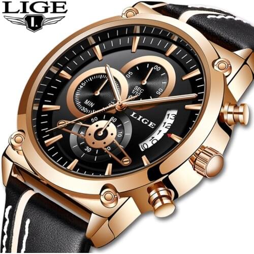 LIGE New Mens Watch Chronograph Analog Quartz Watch With Date Luminous Hands Waterproof Leather Strap Wristswatch Reloj Hombre
