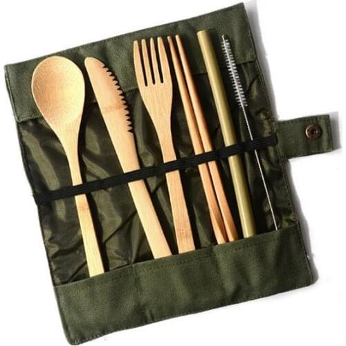 DHL 100set Dinnerware Wooden Cutlery Set Bamboo Cutlery Straw With Cloth Bag Kitchen Food Tableware Dinner SN3587