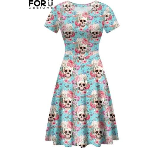 FORUSEDIGNS Hawaiian Tropical Flower Skull Fashion Womens Short Sleeve Dress Lady Comfortable Round Neck Travel Skirt Femenina