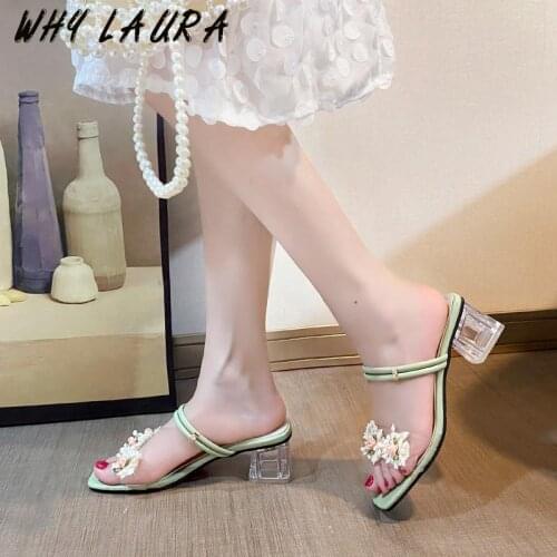 Fashionable Womens Slipper 2021 New Fairy Wear Fashion Flowers High Heel Chunk Heel Two Words Wear Sandal Outdoor Casual Slide
