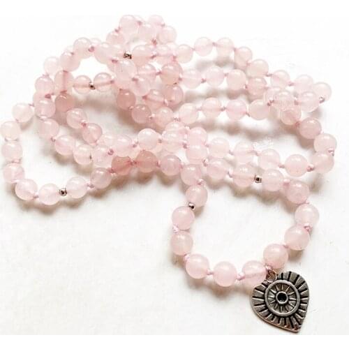 Natural Rose Quartz Crystal Mala 108 Beads Necklace Pink Love Stone Heart Pendant Buddha Decor Knotted 6mm 1pc Wholesale